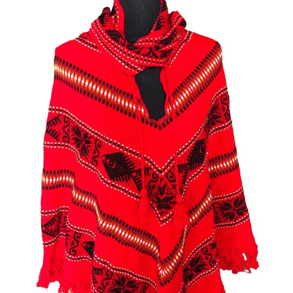 Hippie Poncho Shawl Red Fish Boho StripeGeo Knit Cape Blanket Vintage Fe… - Picture 2 of 12